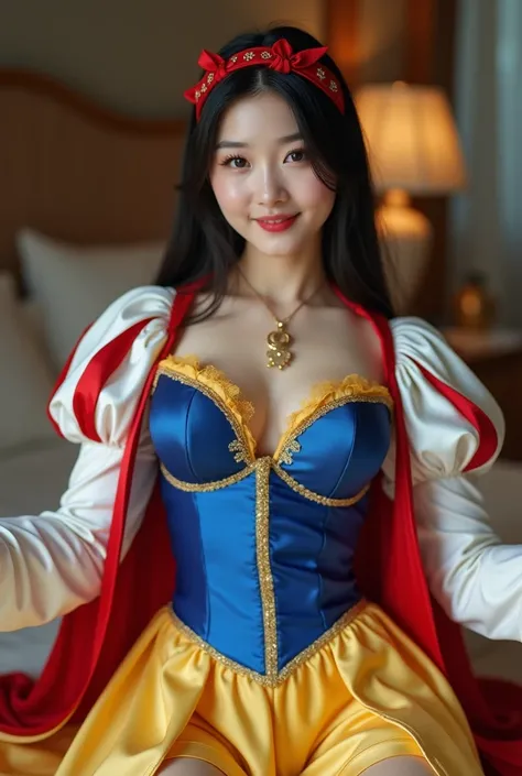 beautiful sexy Korean schoolgirl , (smile:0.9),(dimple:1.2), cleavage big breasts, narrow waist, wide hip, straight hair, long hair, black eyes, white fine skin, small mouth, slender, sexy pose,(cleavage:1.2), snow white costume, intricate luxury satin shi...