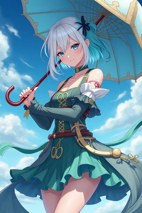  Female character with wind power .  uses an umbrella as a weapon and also has an iron wire for waist dancing.  anime style. Secret two-tone hairstyle with white hair on the outside , Inside is the color of the sky . Eyes of the same color . Skin color is ...