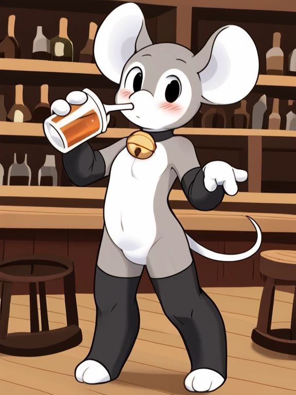   humanoid mouse,Round ears,black eyes, black round nose, Short tail ,Three toes  , four fingers ,  Grey Bodies ,thin, white chest ,White belly,White Hand,  white feet, black stockings,black long elbow pads , bell collar, blush,indoor,Pub,2D,((  best quali...