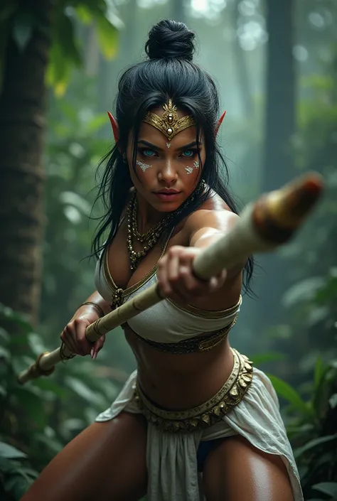 Detailed image/a indonesian woman with a dry big body, moist skin, blue eyes, gold painted face, wearing a queen helmet, wearing a white outfit, with long black hair tied up, with a hateful face, in an attack position, holding a bone spear, closed forest, ...