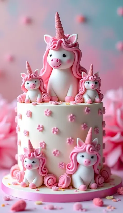 Happy B Day “Factory Zookeeper” cake with cute pink and white unicorns