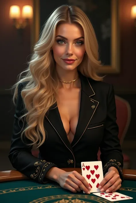 A beautiful blonde girl with gray eyes with floor-length hair and a tight black suit with small gold details on a table playing cards with a victorious smile 