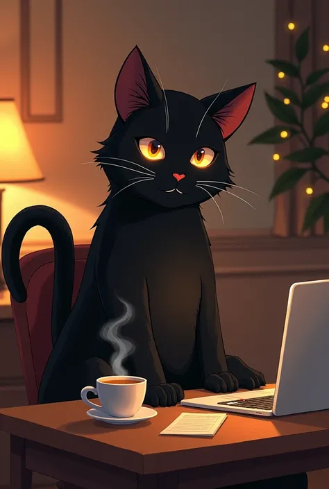 > A Studio Ghibli-style illustration of a medium-sized black female anthropomorphic cat with sleek, shiny fur and warm coffee-colored eyes. She has a curvy, balanced body shape, weighing approximately 70-75 kg. She is sitting comfortably at a wooden desk i...