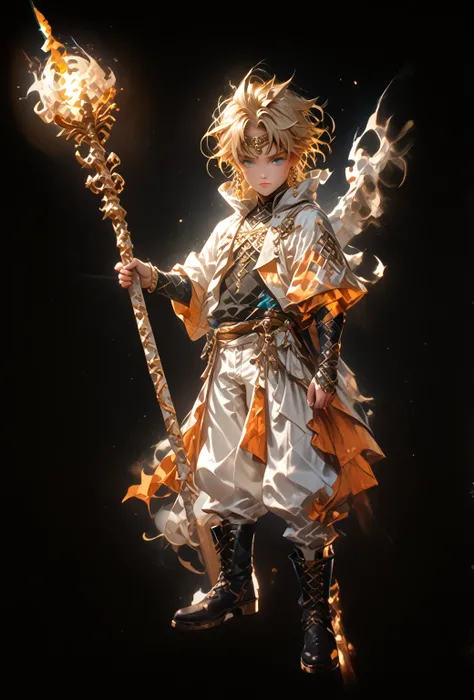 A cute young mage boy with blonde hair and blue eyes, he is wearing white pants and black boots. His outfit has gold trimmings, and he is holding an ornate staff that glows orange in the style of Fire Emblem. This is a full-body character design