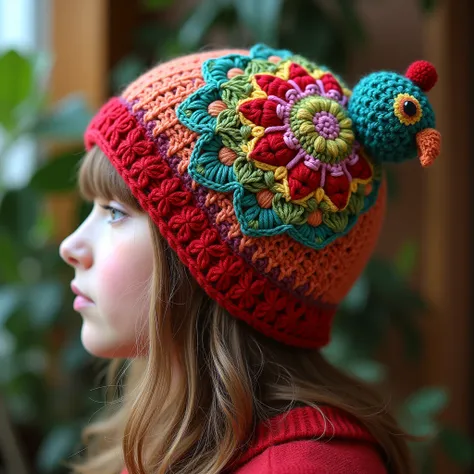 Nice caps design crochet with wool peacock design on wool cap and separate design red , golden, green , pink color full view pic full room view zoom out on neck 