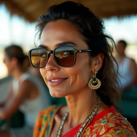 russian milf, perfect and clear eyes, sunglasses, wearing an Indian outfit, watching test cricket in Australia, big ass, cleavege, candid photography, long shot, realistic, detailed skin texture, vibrant colours, great exposure, cinematic