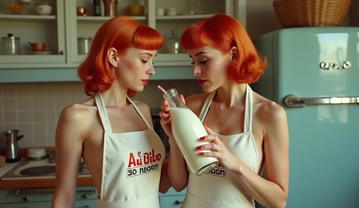  with a redhead retro hairstyle in a sexy unbuttoned kitchen apron with the inscription Ai Retro Players, 2 girls with big breasts drink milk out of a bottle  . Retro kitchen in the background ,  Retro fridge 