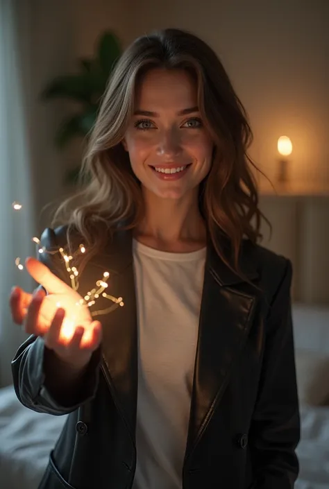 A woman with long hair, a smile in her apartment, wearing a chic black leather blazer and Casual comfort t-shirt Lightning From Fingertips 