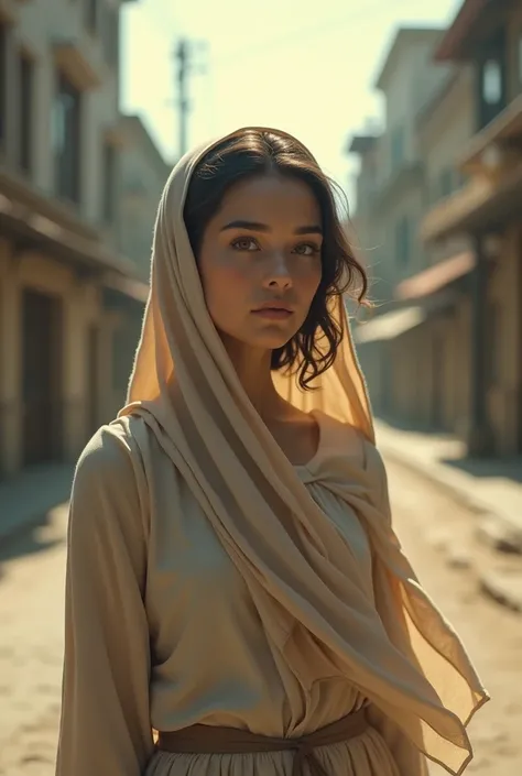 A beautiful girl wearing a headscarf stands on an empty city street