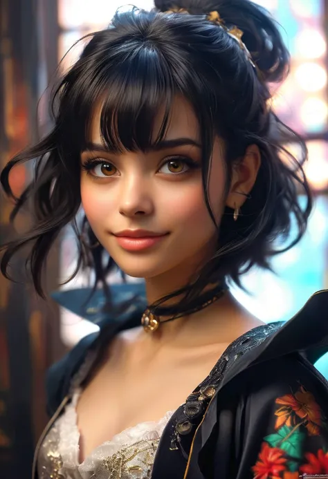 a photo of (jennao:1.2), JennaO, smiling, big brown eyes, black hair, shag bob, gothic background, photo realistic, (realistic:0.99),(masterpiece:1.2),(dynamic pose:1.2), wide shot, solo, fotorealizm sztuka uliczna studyjne swiatło czerwona obcisła powabna...