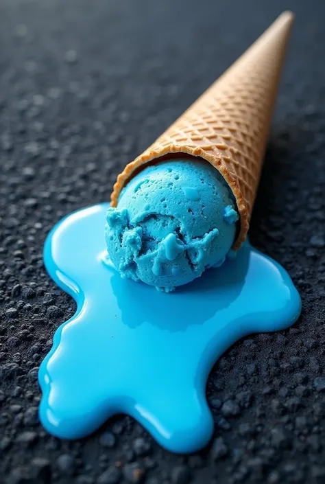 "Design a fallen ice cream cone with bright blue ice cream spilled onto an asphalt surface. Ensure the texture of the melting ice cream and the roughness of the asphalt are detailed, creating a contrast between the vibrant blue color and the dark, gritty b...