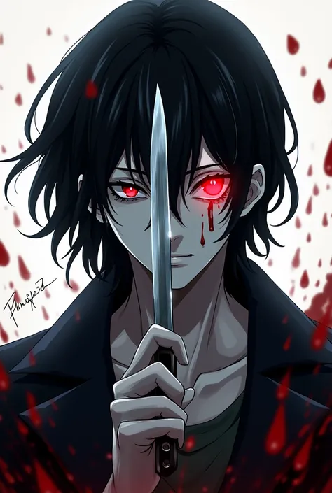  An anime man with black hair points with a silver knife to his face with a pale eye.  pale white skin and the other eye glows black . The background is a blank followed by glowing drops of blood above him  