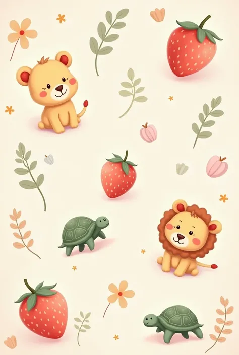 Little cute images of Strawberry, lion, turtle scattered all over