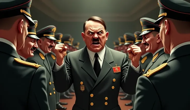 Hitler giving order to his generals angrily in dimly light room, ww2 scene, cartoon animation, concept art style 