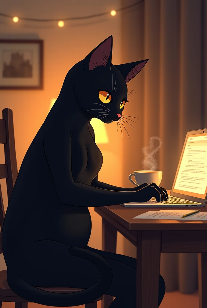 > A Studio Ghibli-style illustration of a medium-sized black female anthropomorphic cat with sleek, shiny fur and warm coffee-colored eyes. She has a curvy, balanced body shape, weighing approximately 70-75 kg. She is sitting comfortably at a wooden desk i...