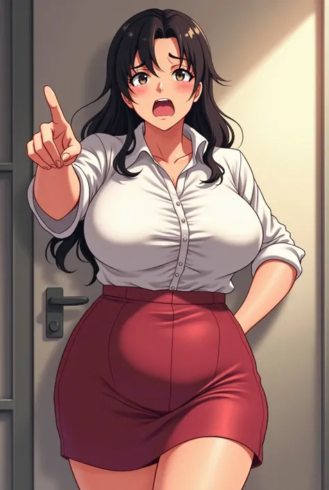 Japanese anime-like picture of a mature woman、I have a picture of a boy in my hand 、Confused face、Feminization、(Big Breasts)、tears、Functionalな婦人服、Point to yourself 、 tight skirt、Functional、Sweaty、see through, open mouth, (((milf))),  plump limbs、(Mature Wo...