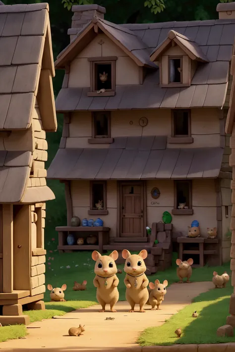 A peaceful rural village overrun by hundreds of mice scurrying through homes, streets, with worried villagers looking on helplessly.
