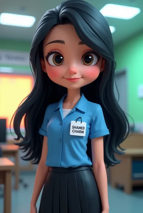 3D cartoon portrait of a teenage girl with long black hair and a middle parting, wearing a blue teachers outfit with the name "SHAMED CHARM" .written on her name badge. Wearing a long black skirt, slim body, fair skin. He was smiling softly. The background...