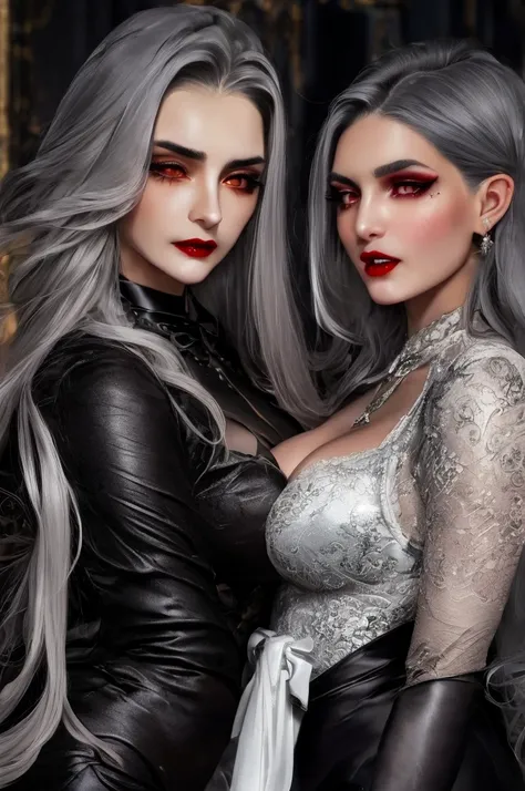 Vampire, Italian, mafioso, Mature female, Long Hair, grey hair, Gradient Hair, Straight Hair, V-Shaped Eyebrows, Detailed Figure, Beautiful Detailed Eyes, breasts, medium breasts, pointy ears, amber eyes, almond eyes, ashen skin, Deep Skin Color, yuri, Per...