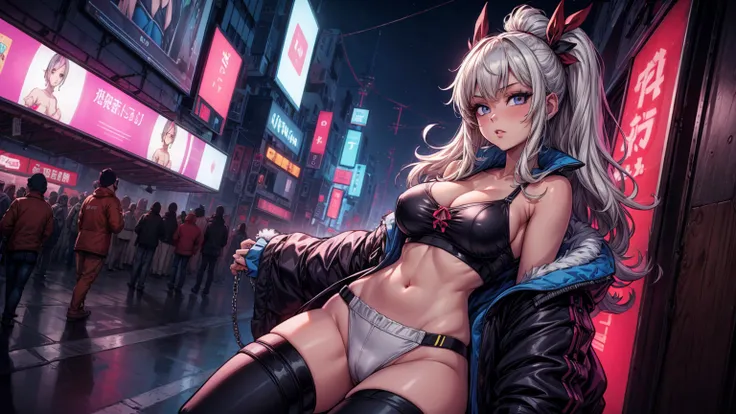 sexy anime 1girl, aesthetic, vanilla, cleavage, night, neon city, lofi, big , crop top
