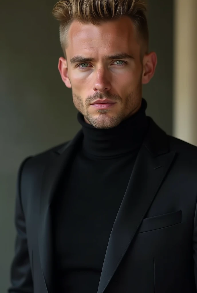 Pied, masculine perfection, menton fort, lèvres charnues, nez romain, cheveux blonds courts, yeux noisette, hyperréaliste,  . Mode haute couture futuriste. Vêtements noirs modernes