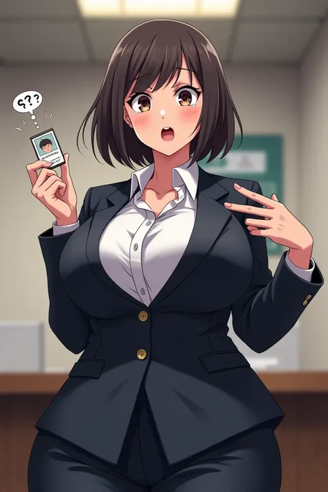 Japanese anime-like picture of a mature woman、 holding an ID with a photo of a man in your hand 、Confused face、Feminization、(((Big Breasts)))、company employee、 tight business suit、tears、 ties、Point to yourself 、Short Hair、Wide hips、(((Functional)))、tears、