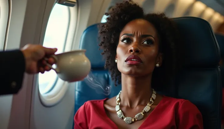 A black woman in elegant clothing sits in an airplane seat, her face angry and horrified as scalding hot coffee spills onto her face from a cup thrown by an angry blue-eyed white flight attendant. The image should capture a realistic, realistic scene witho...