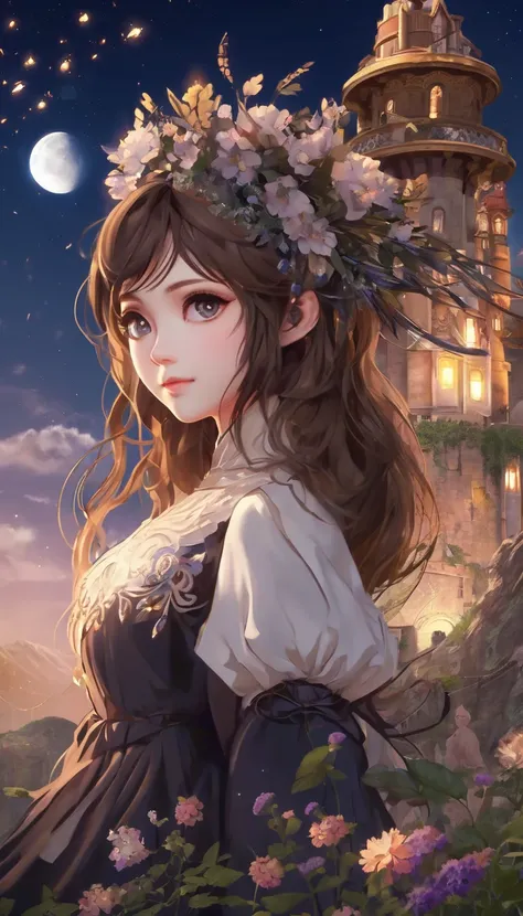 (masterpiece),(best quality), illustration, (fantasy:1.4), witch, cute detailed digital art, beautiful face, brown hair, hair up, castle, mountain, dark color long dress, a moon, flowers , Score_9, Score_8_up, Score_7_up, Score_6_up, Score_5_up, Score_4_up...