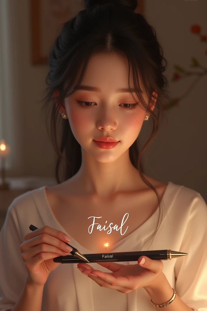 A girl with a pen in her hand that has Faisal written on it I love you Faisal