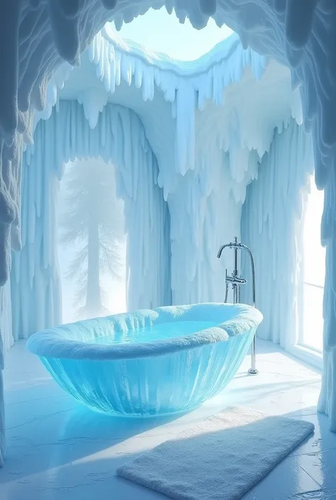 Here’s a detailed prompt to create the first part (leftmost bathtub):

Prompt:
A luxurious ice-themed bathroom featuring a crystal-clear bathtub made entirely of carved ice, positioned in the center of the room. The surrounding decor includes frosty blue t...