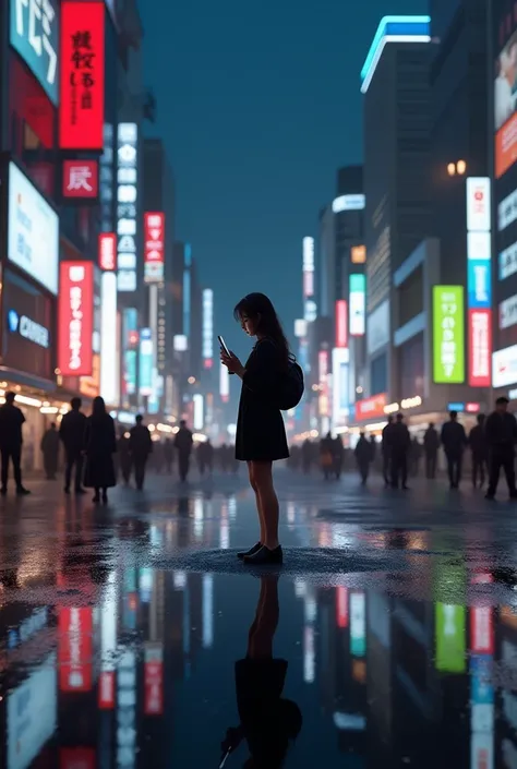 masterpiece,Highest quality,(Ultra-high definition CG Unity 8K wallpaper),(Highest quality),Physical Rendering,puddle,City view reflected on the water,Reflection of light,night,Busy Street,Passers-by々,Shibuya City,A prostitute stands alone, operating a sma...