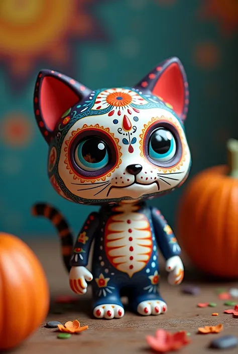 Art toy of a cute sugar skull shaped like a cat from the Day of the Dead, Synthetic and rounded shapes  , Dunny , Funky punky  , art toy 