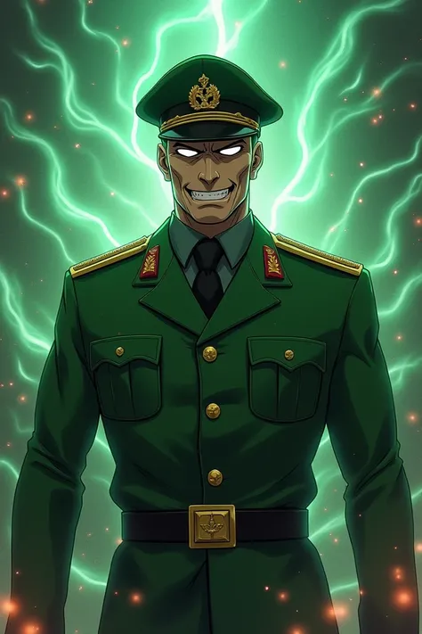 Anime, a general in a green hat, with lights around, a wicked smile, hugs