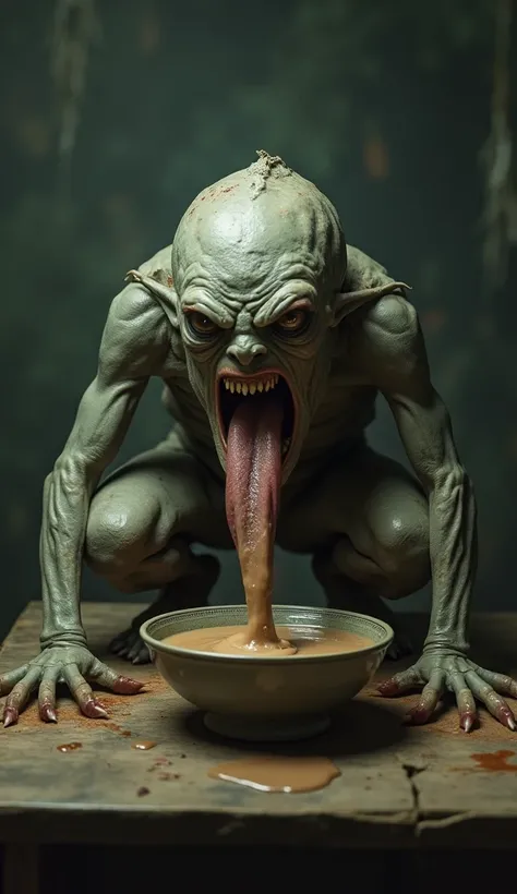 Cinematic portrait of ,  disgusting creepy picture full of mucus sitting squatting on a table, available bowl containing sop ,  sticking out his very long tongue ,  long tongue drooling into the bowl 