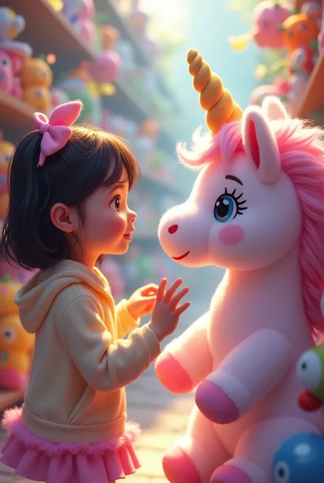 Draw a girl in a toy store .  The girl looks excitedly at a unicorn plush