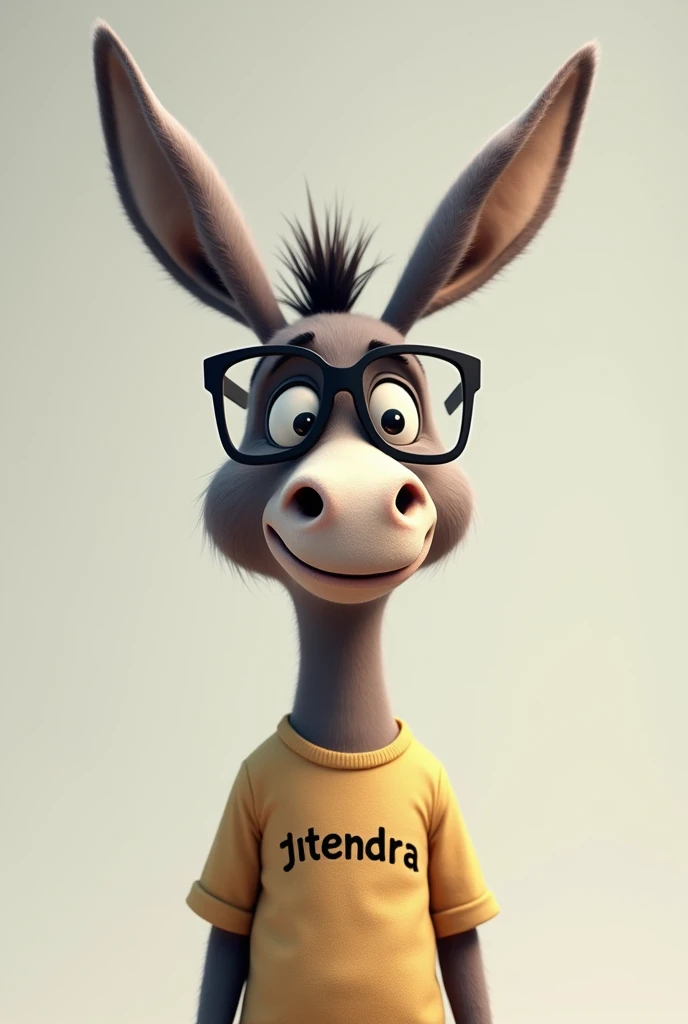 A donkey with square glasses and wearn a t shirt name as jitendra 