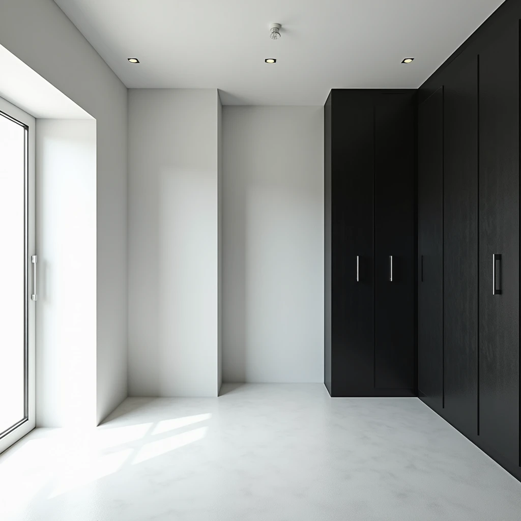 Make a room ，Simple and elegant， with two opposite walls using white 3D PVC panels ， and the other two opposite walls using black 3D PVC panels