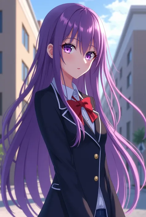 Long purple-haired woman with purple eyes wears school uniform