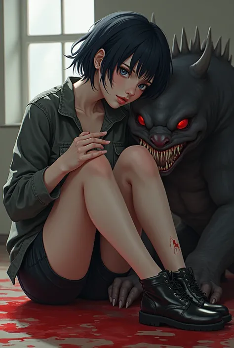 Monsters are killing women、There is blood in the face 、 holding a baby 、 Beautiful Japanese Women 、 short hair、 jacket、Im wearing a gun、 Im wearing black shorts、 wearing black short boots、A monster is hugging my leg、Blood all over her body 、Blood coming ou...