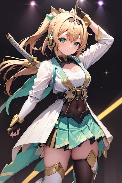  smiling 、mecha wing、Thighs、tights、chest、 shiny golden hair 、  1 girl、 solo girl、 headset 、idol dress、idol skirt、 green mini skirt、mecha girl、I have a white armor 、 holding a sword、katana