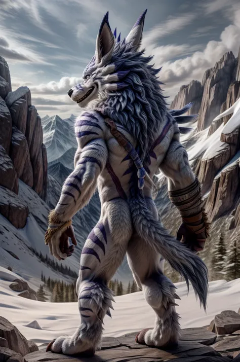 (Full body:1.2), Weregarurumon, stands upright, with mane, furry, fighter, detailed fingers, fur all over the body, smiles, clear detailed eyes, detailed face, rear view, very detailed fur, in the mountains, Highest quality, photorealistic, very detailed, ...