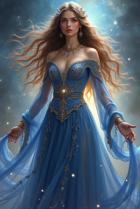 
#### プロンプト
"The image features Alethea, a celestial messenger with long, flowing brown hair. She is dressed in an ornate and captivating outfit adorned with intricate patterns and shimmering details that catch the light. Her attire is primarily in shades ...