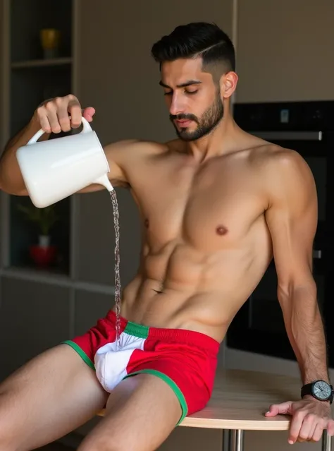 Muscular and handsome young Lebanese hunk posing. Hes wearing red and white trunks with green stripe. He is sitting on the top of the table. His one hand is holding a pitcher pouring a water into his body. His background is a kitchen.