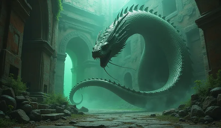 The serpent gestures with a subtle motion of its massive body, its scales shimmering like liquid metal. The ruins around Anayra suddenly appear darker and more sinister, with ghostly shadows creeping along the crumbling walls. An eerie green glow emerges f...