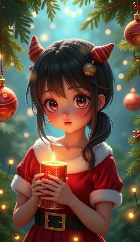 A girl in a fantasy Christmas outfit, celebrating a hot Australian summer, beautiful detailed eyes, beautiful detailed lips, extremely detailed eyes and face, long eyelashes, intricate Christmas ornaments, glowing fairy lights, sparkling decorations, lush ...