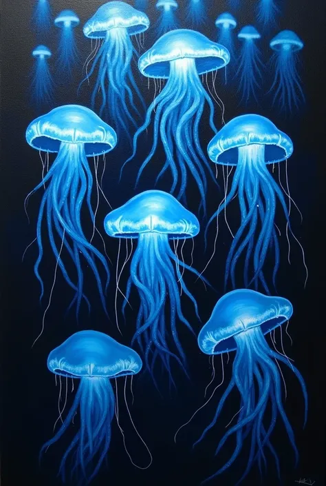 make a poster painting of blue jellyfish with a black background using acrylic paint.