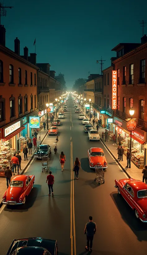 Nighttime street with buildings on both sides, warmly lit. People pushing shopping carts towards camera on the road, with vintage cars parked, high angle view