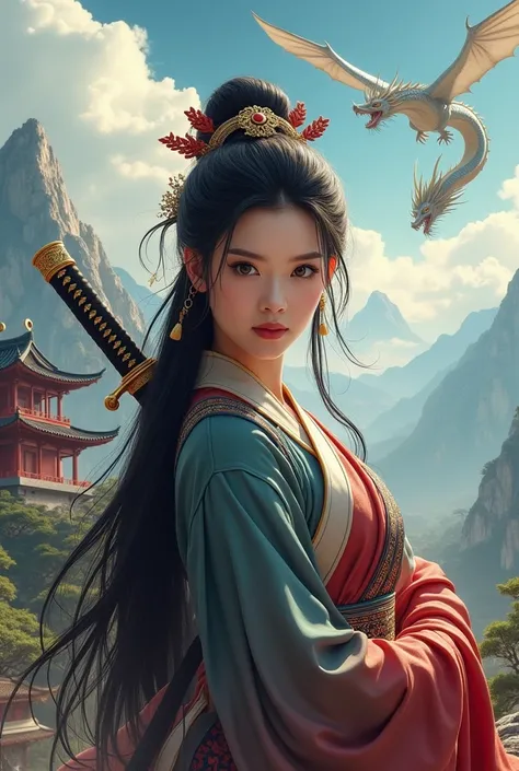 Ultra HD,masterpiece,The award-winning,best quality,high resolution,8k,High Detail,(A woman:1.6),Perfect face,Black long hair,Ancient Chinese Hair Accessories,Blonde accessories,(Facing the camera:1.4),(Holding a sword:1.5),Hand-held scabbard,Ancient Chine...