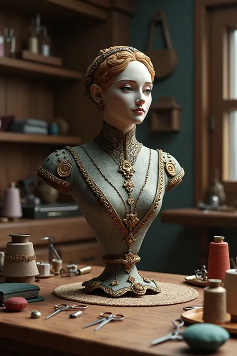 Ancient sewing bust with accessories in a sewing workshop 
