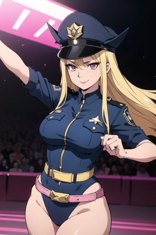 Selene, ftselenecas, long hair, blonde hair, pink eyes, mature female, large breasts, BCop, belt, policewoman, leotard, police hat, peaked cap, calm smile, dancing